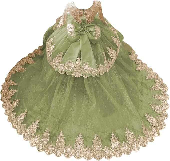 Sage Green / 18m Sunnypetal Luxury Gold Lace Appliqué Tulle Ball Gown Flower Girl Dress with Royal Train