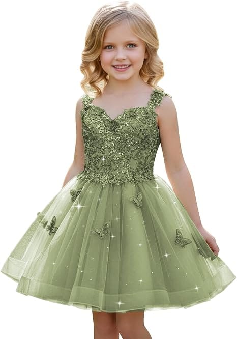 Sage Green / 18m Sunnypetal Luxury Mint Green Butterfly Lace Flower Girl Dress