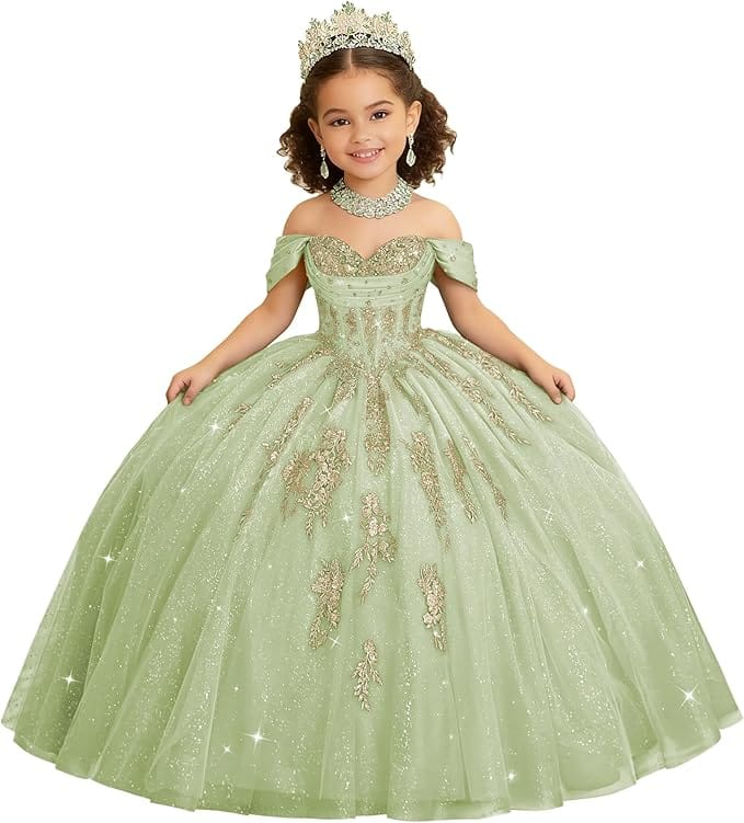 Sage Green / 18m Sunnypetal Luxury Off-Shoulder Gold Lace Applique Princess Flower Girl Ball Gown Dress