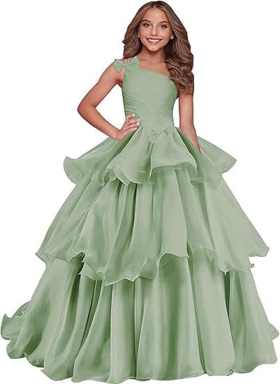 Sage Green / 18m Sunnypetal Luxury One-Shoulder Puffy Organza Flower Girl Dress Princess Pageant Gown
