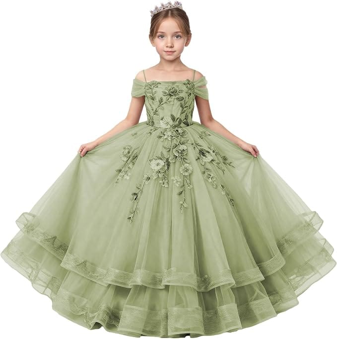 Sage Green / 18m Sunnypetal Off-Shoulder Floral Appliqué Tulle Flower Girl Dress for Special Occasions