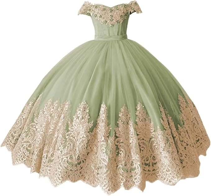 Sage Green / 18m Sunnypetal Off-Shoulder Gold Lace Beaded Puffy Tulle Flower Girl Gown for Special Occasions