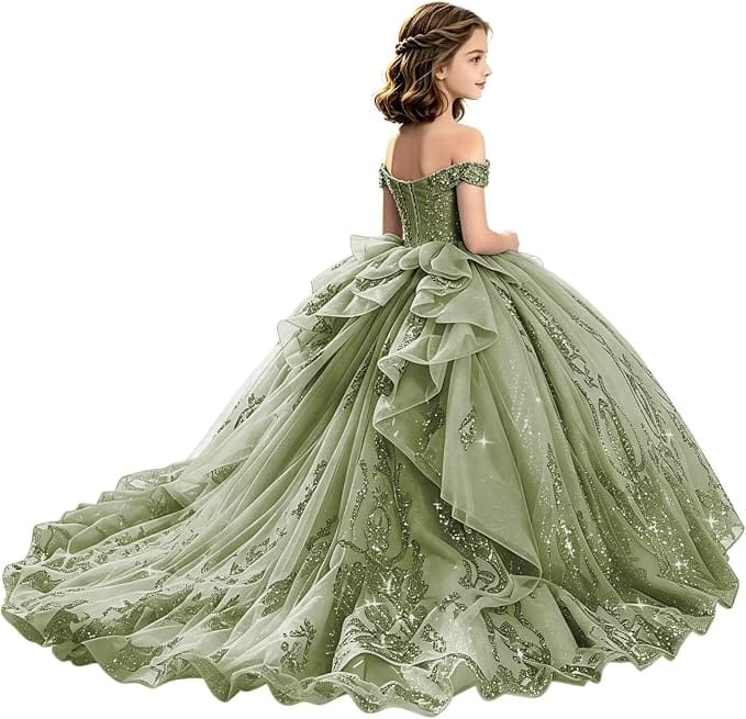 Sage Green / 18m Sunnypetal Off-Shoulder Lace Applique Beaded Flower Girl Pageant Dress