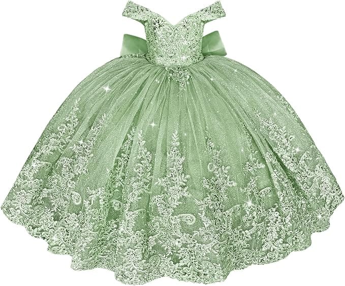 Sage Green / 18m Sunnypetal Off Shoulder Sweetheart Lace Tulle Flower Girl Pageant Dress with Bow