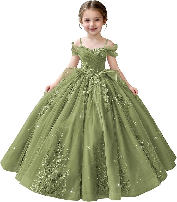 Sage Green / 18m Sunnypetal Off-Shoulderl 3D Lace Appliqué Tiered Ruffle Flower Girl Dress for Pageant