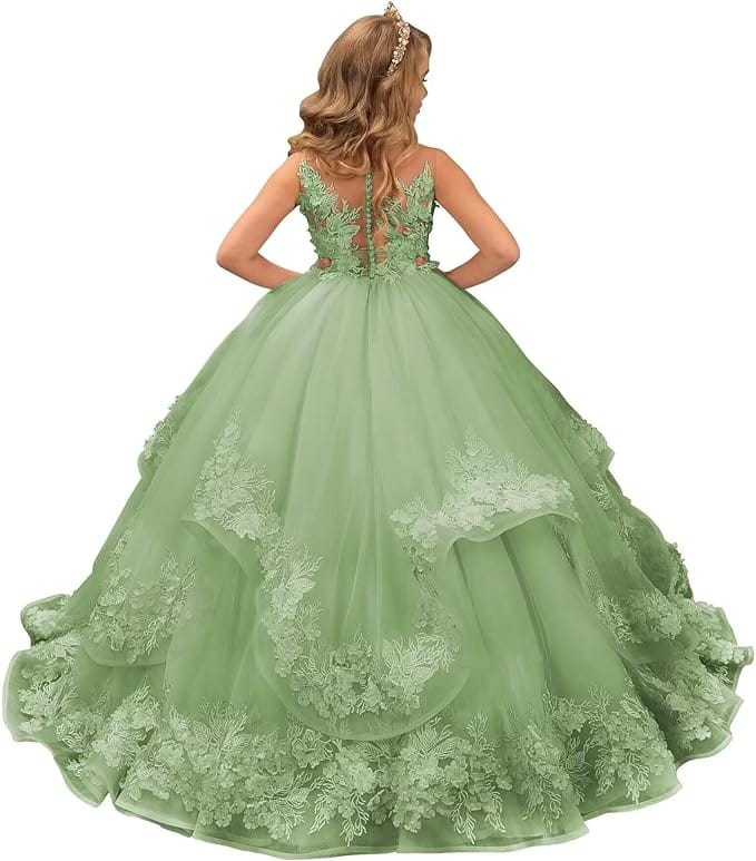 Sage Green / 18m Sunnypetal Pink Lace Appliques Floral Flower Girl Dresses Birthday Party Princess Dresss