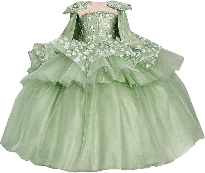 Sage Green / 18m Sunnypetal Princess Pink Tulle Ball Gown Flower Girl Dress with Butterfly Appliqués and Cape