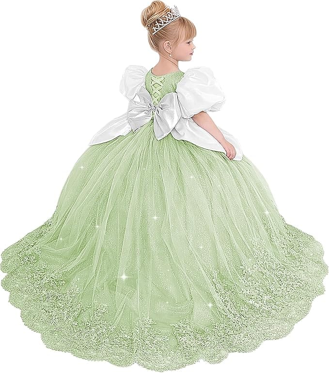 Sage Green / 18m Sunnypetal Princess Sky Blue Tulle Lace Flower Girl Dress with Bow and Puff Sleeves