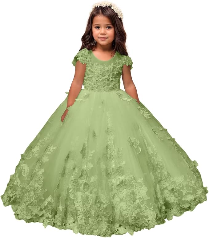 Sage Green / 18m Sunnypetal Romantic Blush Floral Lace Tulle Flower Girl Ball Gown