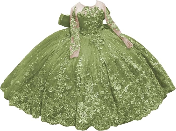 Sage Green / 18m Sunnypetal Sparkling Long Sleeve Lace Tulle Flower Girl Dress with Glitter Appliqué &amp; Bow