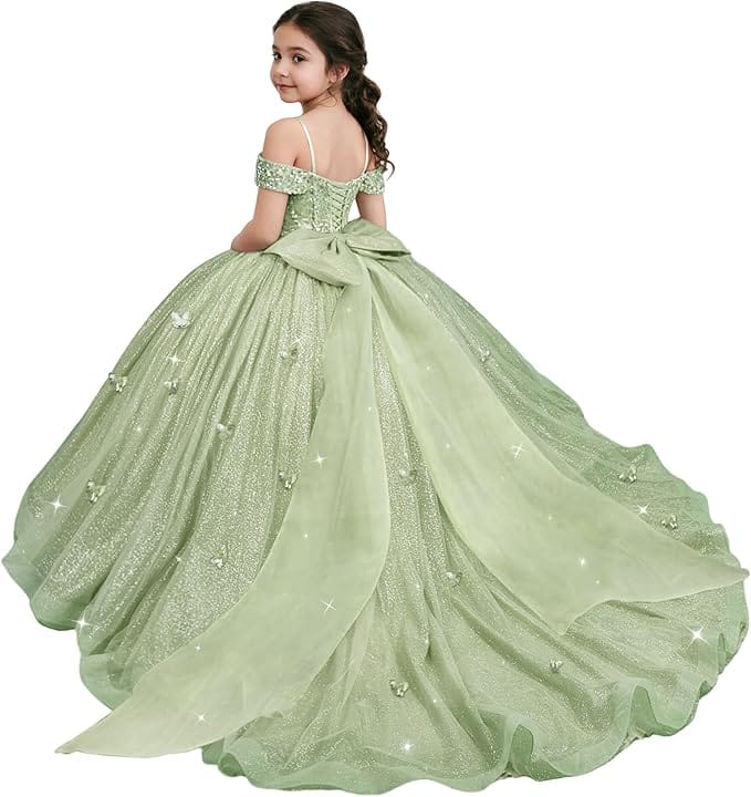 Sage Green / 18m Sunnypetal Sparkling Off-Shoulder Glitter Tulle Flower Girl Dress with Oversized Bow