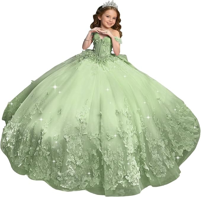 Sage Green / 18m Sunnypetal Sweetheart Neck 3D Butterfly Tulle Flower Girl Dress with Big Bow