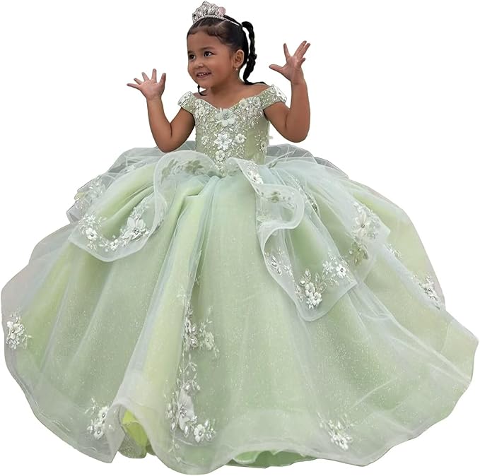 Sage Green / 3m Sunnypetal Enchanted Sage Green Tulle Ball Gown Flower Girl Dress with Floral Appliqués