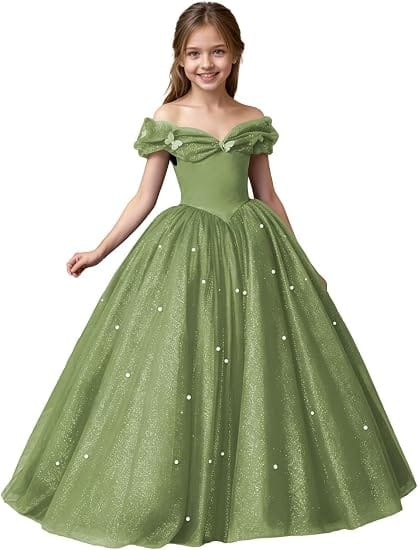 Sage Green / 3m Sunnypetal Exquisite Off-Shoulder Tulle Flower Girl Dress for Special Occasions