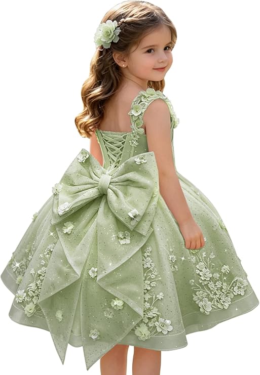 Sage Green / 3m Sunnypetal Sweetheart 3D Floral Lace Appliqué Short Flower Girl Dress witn Bow