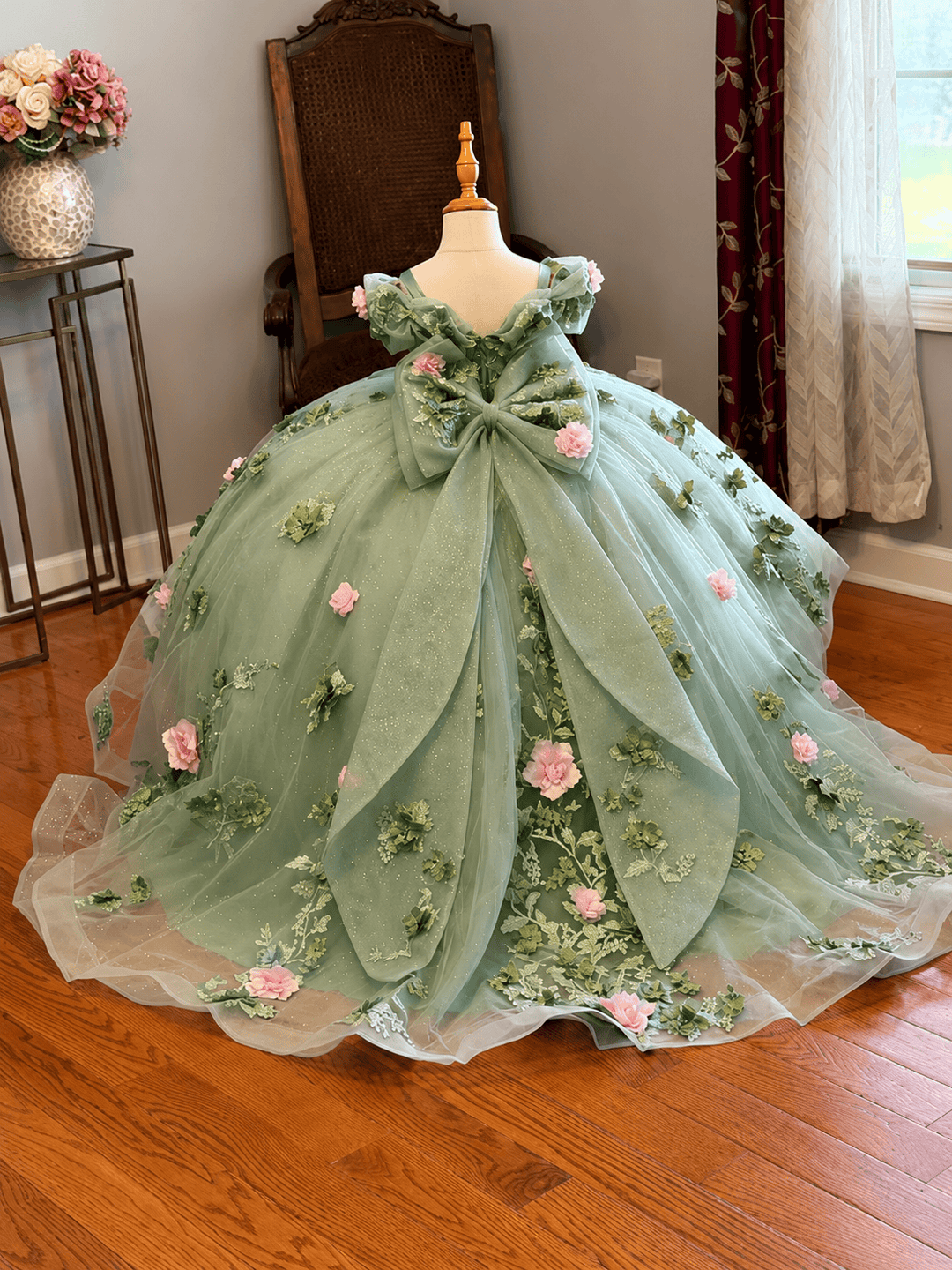 Sage Green / 9m Sunnypetal Exquisite Floral Appliqué Tulle Ball Gown Flower Girl Dress with Oversized Bow