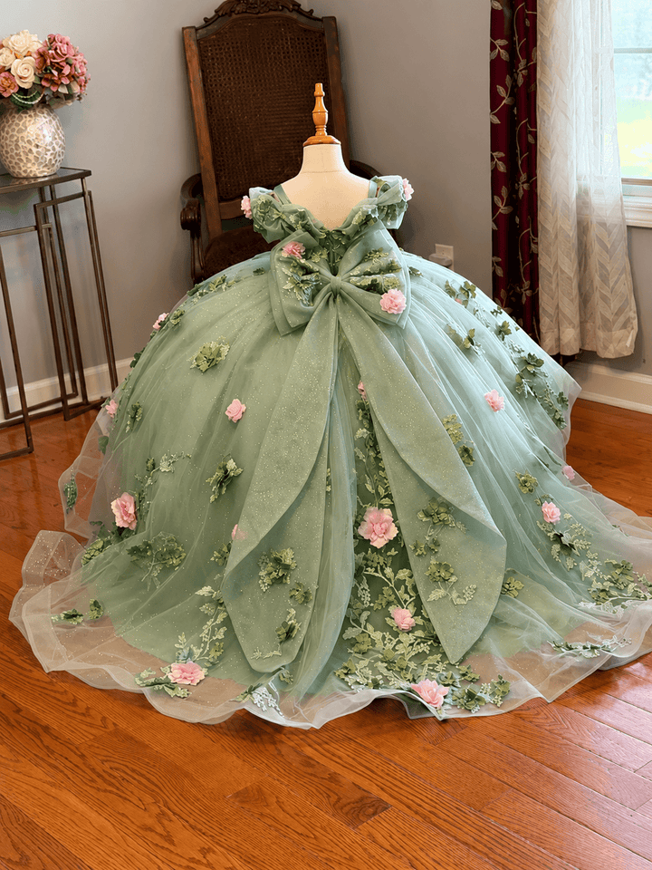 Sage Green / 9m Sunnypetal Exquisite Floral Appliqué Tulle Ball Gown Flower Girl Dress with Oversized Bow
