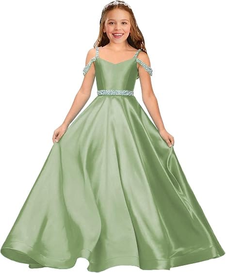 Sage Green / 9m Sunnypetal Luxury Off-Shoulder Satin Rhinestone Flower Girl Princess Gown