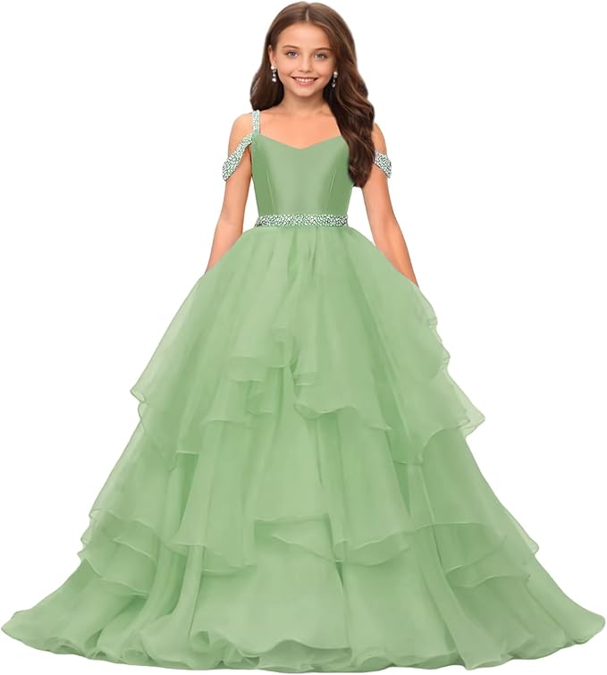 Sage Green / 9m Sunnypetal Off-Shoulder Sweetheart Puffy Tulle Flower Girl Dress with Beaded Details