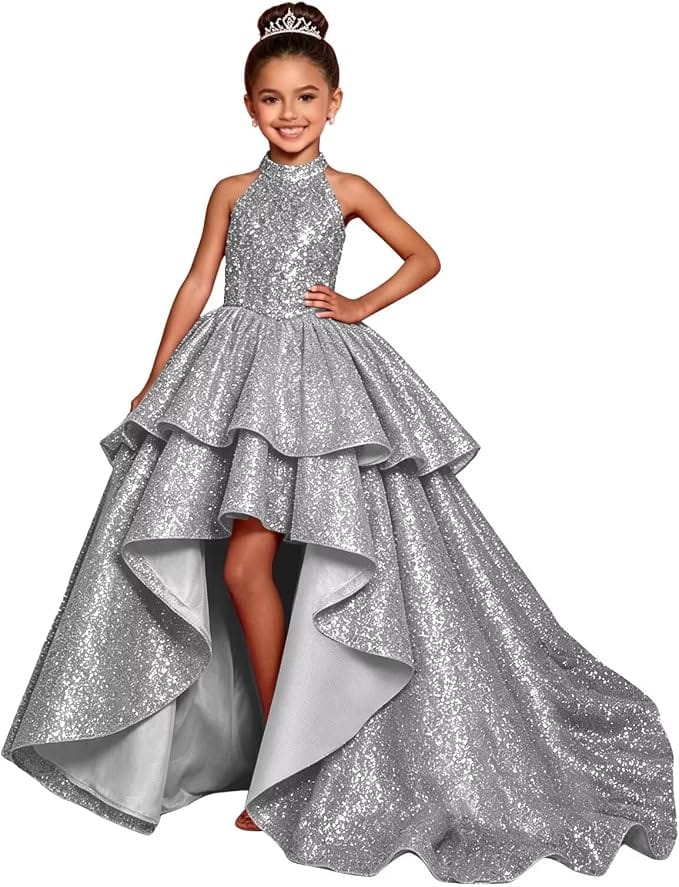 Silver / 18m Sunnypetal Sparkly Sequin Halter High Low Flower Girl Dress Pageant Gown