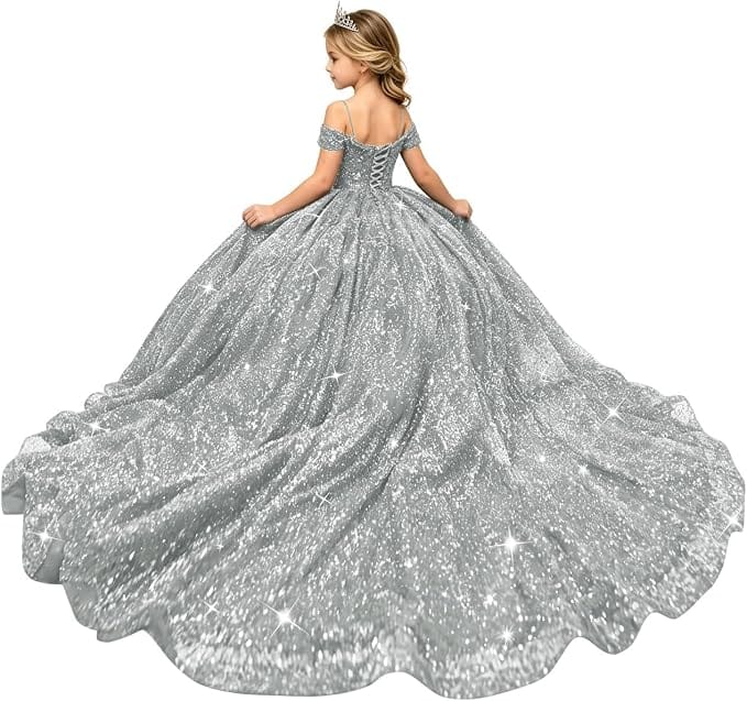 Silver / 18m Sunnypetal Sparkly Sequin Off-Shoulder Princess Ball Gown Flower Girl Dress for Pageant