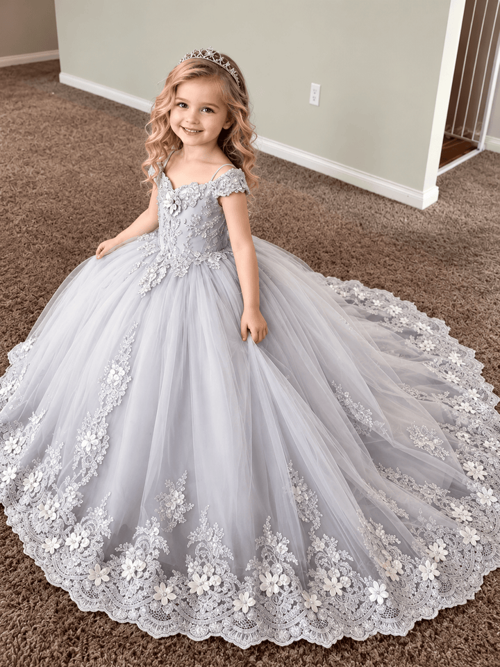 Silver / 3m Sunnypetal Elegant Silver Lace Tulle Ball Gown Flower Girl Dress with Oversized Bow