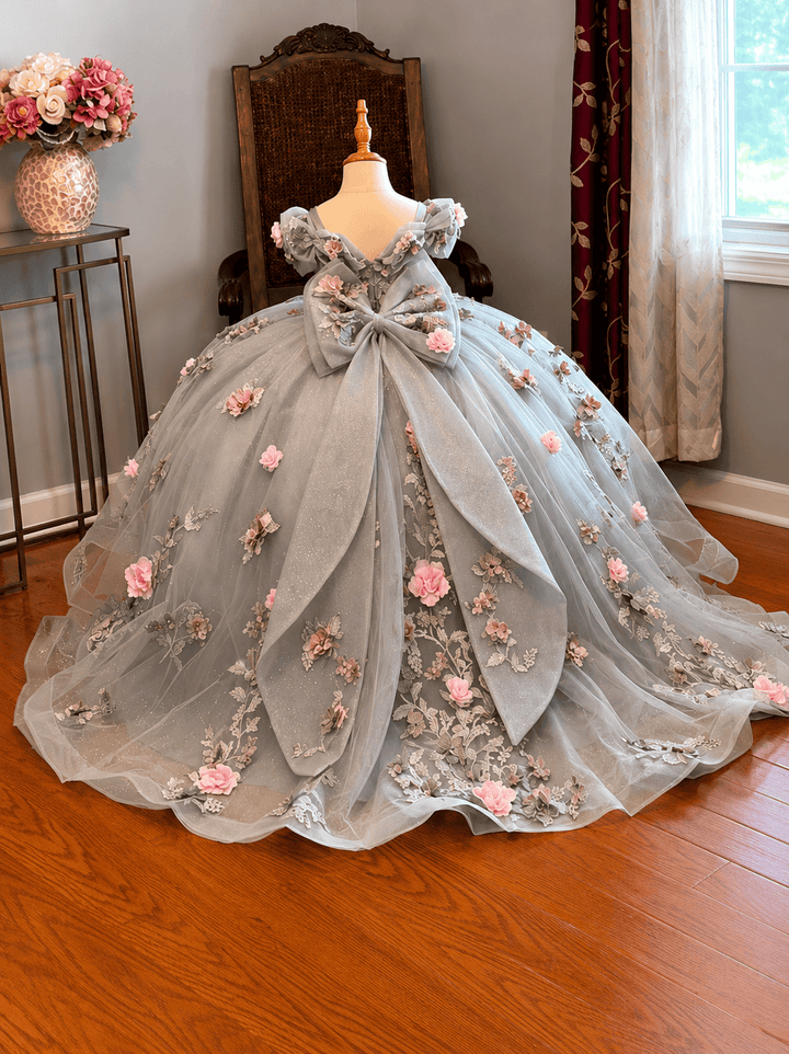 Silver Gray / 9m Sunnypetal Exquisite Floral Appliqué Tulle Ball Gown Flower Girl Dress with Oversized Bow