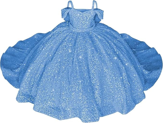 Sky Blue / 18m Sparkly Off-Shoulder Sequin Flower Girl Pageant Dress Princess Ball Gown with Bow
