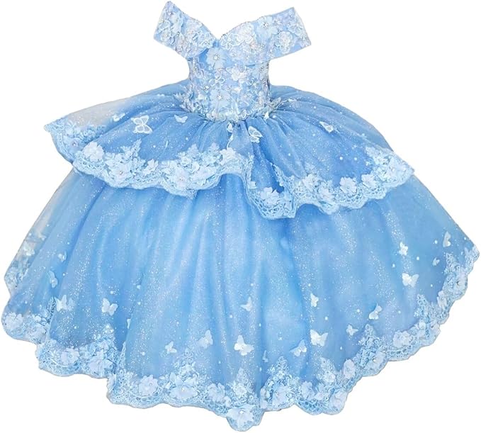 Sky Blue / 18m Sunnypeta lEnchanted Blue Sweetheart Tulle Flower Girl Gown with Floral Appliqués