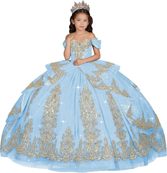 Sky Blue / 18m Sunnypetal Elegant Gold Appliqué Off-Shoulder Flower Girl Dress with Tassel Details