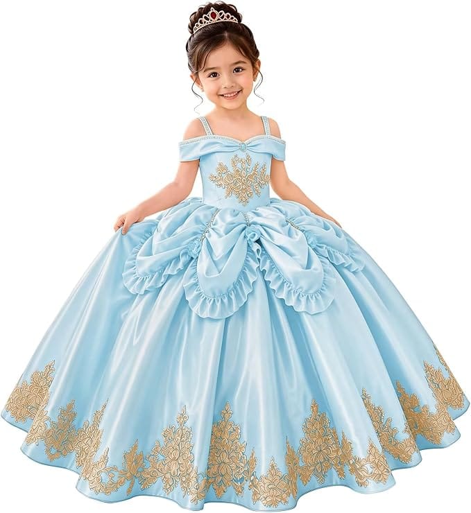 Sky Blue / 18m Sunnypetal Elegant Golden Satin Princess Flower Girl Dress with Bow