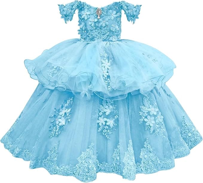 Sky Blue / 18m Sunnypetal Elegant Off-Shoulder Tulle Ball Gown Flower Girl Dress with 3D Floral Appliqués