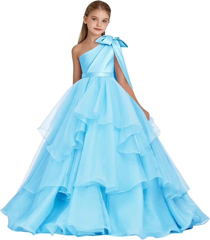 Sky Blue / 18m Sunnypetal Elegant One-Shoulder Satin Tulle Flower Girl Pageant Dress for Special Occasions