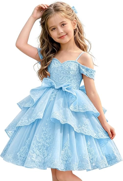 Sky Blue / 18m Sunnypetal Elegant Sweetheart Lace Applique Princess Bow Flower Girl Pageant Dress
