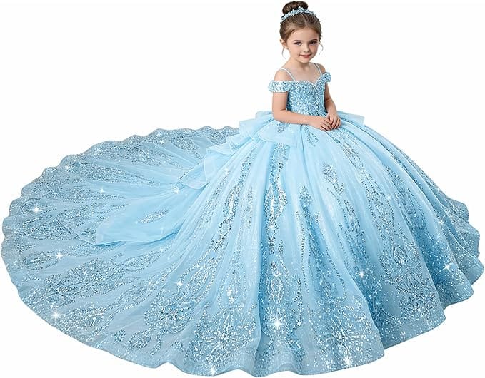 Sky Blue / 18m Sunnypetal Enchanted Blue Off-Shoulder Flower Girl Princess Ball Gown with Sparkling Appliqués