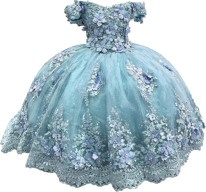 Sky Blue / 18m Sunnypetal Enchanted Ice Blue Tulle Ball Gown Flower Girl Dress with 3D Floral Appliqués