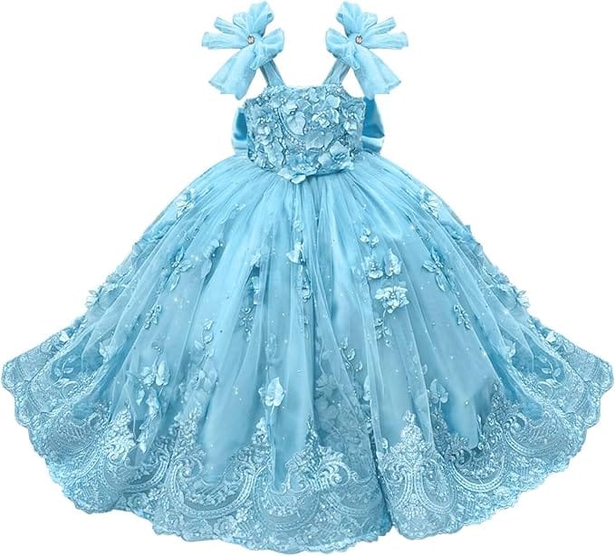 Sky Blue / 18m Sunnypetal Enchanted Mint Green Tulle Ball Gown Flower Girl Dress with 3D Floral Appliqués