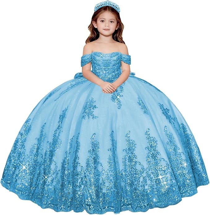 Sky Blue / 18m Sunnypetal Enchanted Off-Shoulder Tulle Ball Gown Flower Girl Dress with Lace Appliqués