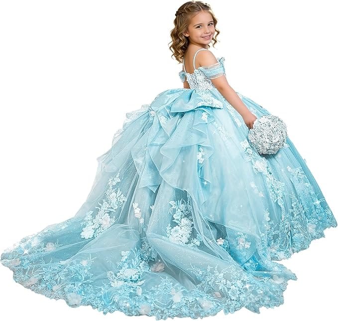 Sky Blue / 18m Sunnypetal Exquisite 3D Floral Lace Applique Ruffle Tulle Flower Girl Ball Gown with Bow