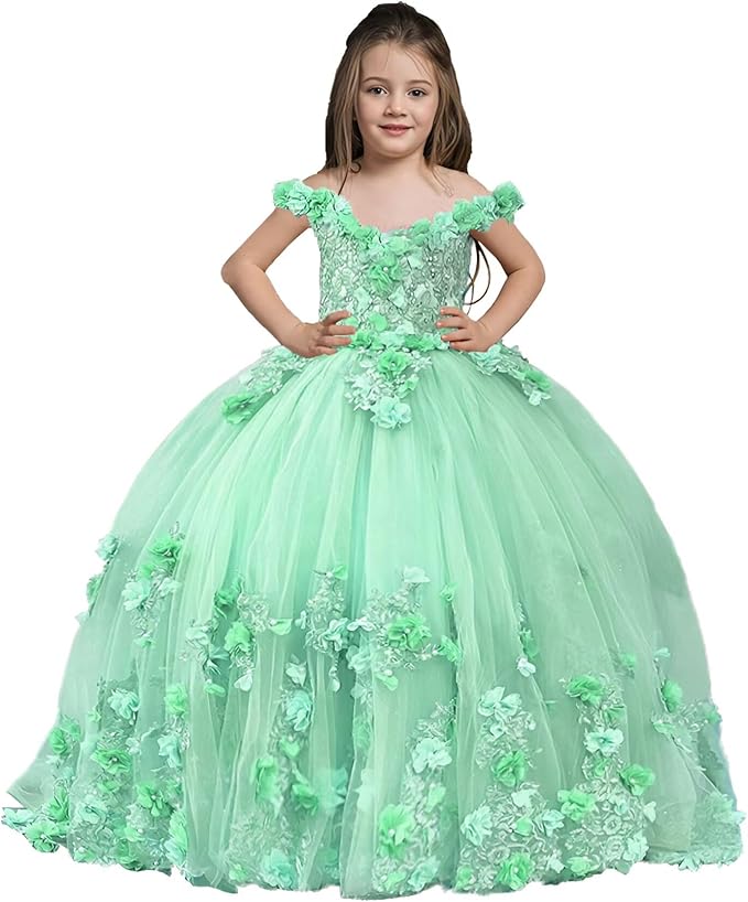 Sky Blue / 18m Sunnypetal Exquisite Off-Shoulder Tulle 3D Floral Flower Girl Princess Dress with Satin Bow