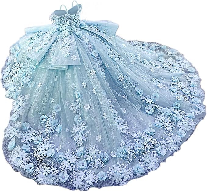 Sky Blue / 18m Sunnypetal Exquisite Tulle Off-Shoulder Flower Girl Dress Pageant Gown with 3D Floral Appliqués