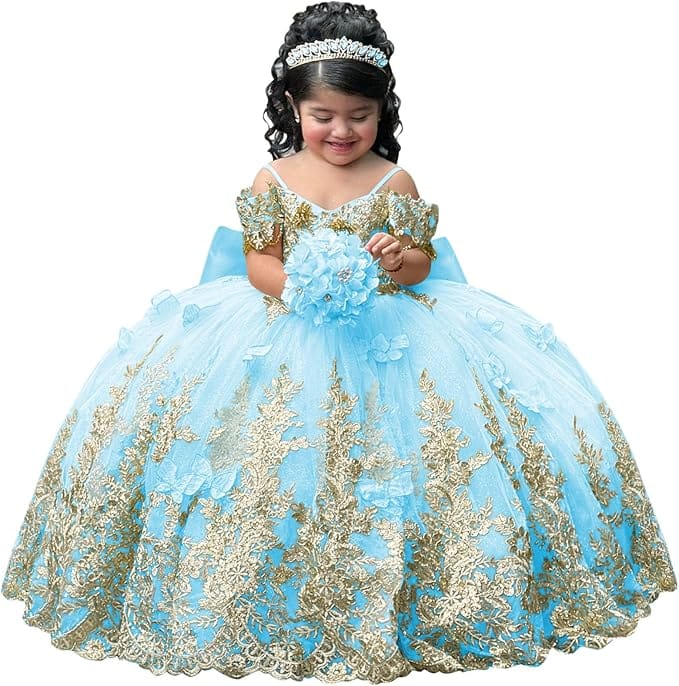 Sky Blue / 18m Sunnypetal Gorgeous Gold Appliqués Tulle Flower Girl Ball Gown with Bow and 3D Butterflies