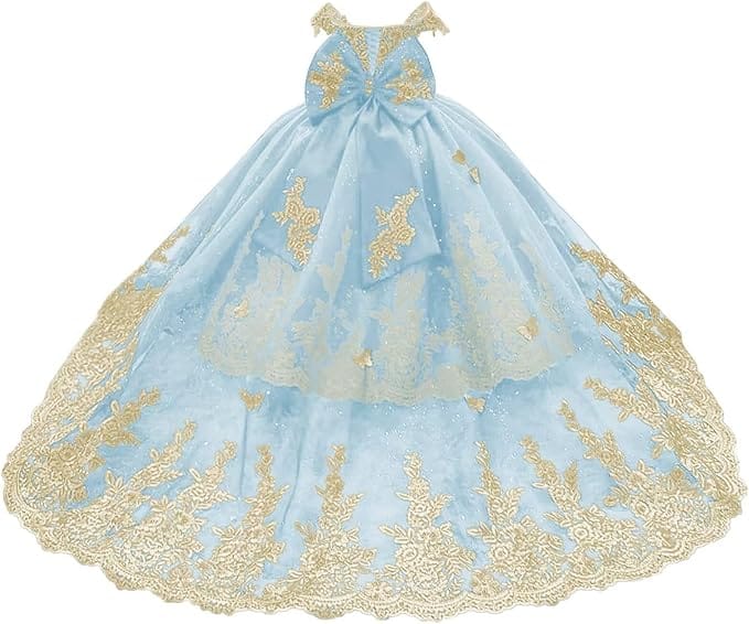 Sky Blue / 18m Sunnypetal Gorgeous Off-Shoulder Sweetheart Tulle Flower Girl Dress with Gold Embroidery