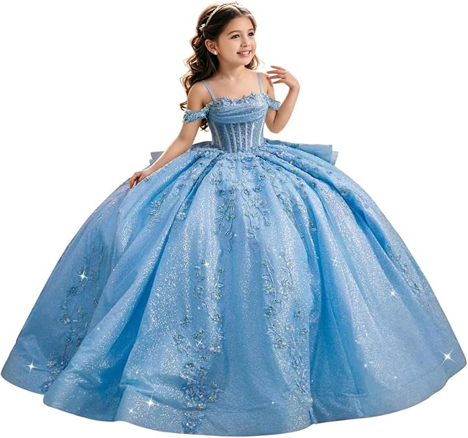 Sky Blue / 18m Sunnypetal Luxury Glitter Tulle Off-Shoulder Ball Gown Flower Girl Dress with Train