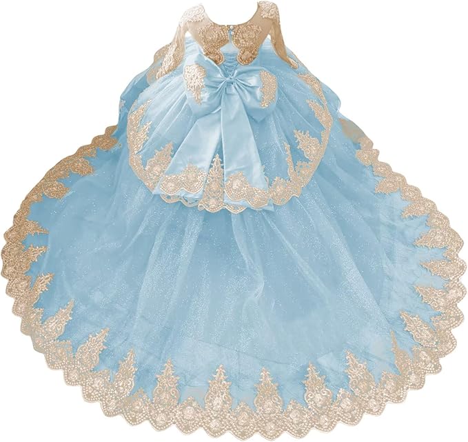 Sky Blue / 18m Sunnypetal Luxury Gold Lace Appliqué Tulle Ball Gown Flower Girl Dress with Royal Train
