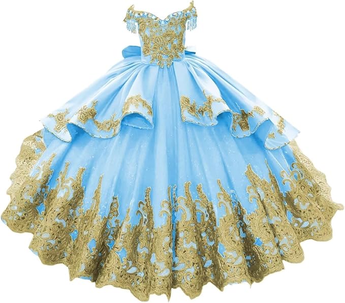 Sky Blue / 18m Sunnypetal Luxury Royal Blue Off-Shoulder Ball Gown Flower Girl Dress with Gold Embroidery