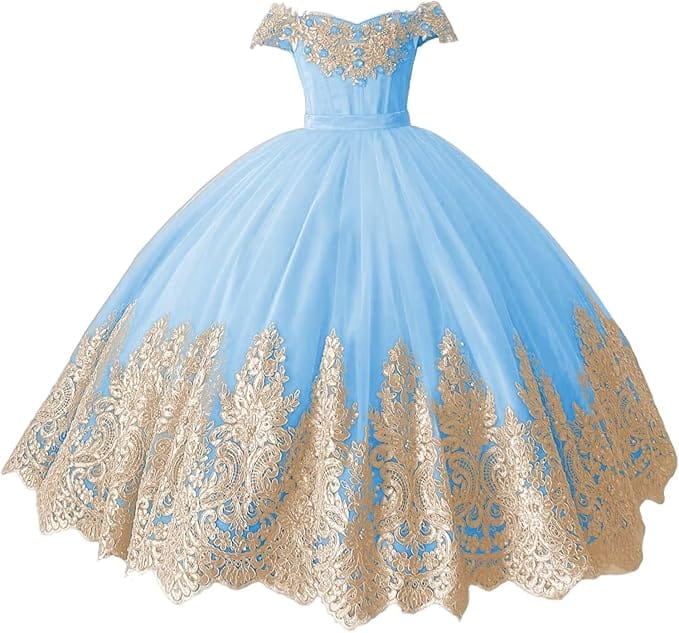 Sky Blue / 18m Sunnypetal Off-Shoulder Gold Lace Beaded Puffy Tulle Flower Girl Gown for Special Occasions