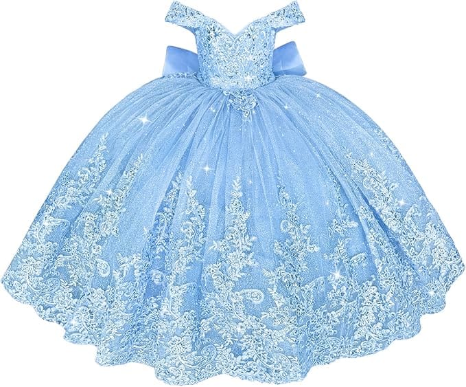 Sky Blue / 18m Sunnypetal Off Shoulder Sweetheart Lace Tulle Flower Girl Pageant Dress with Bow