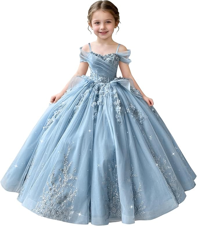 Sky Blue / 18m Sunnypetal Off-Shoulderl 3D Lace Appliqué Tiered Ruffle Flower Girl Dress for Pageant
