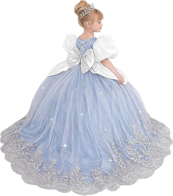 Sky Blue / 18m Sunnypetal Princess Sky Blue Tulle Lace Flower Girl Dress with Bow and Puff Sleeves